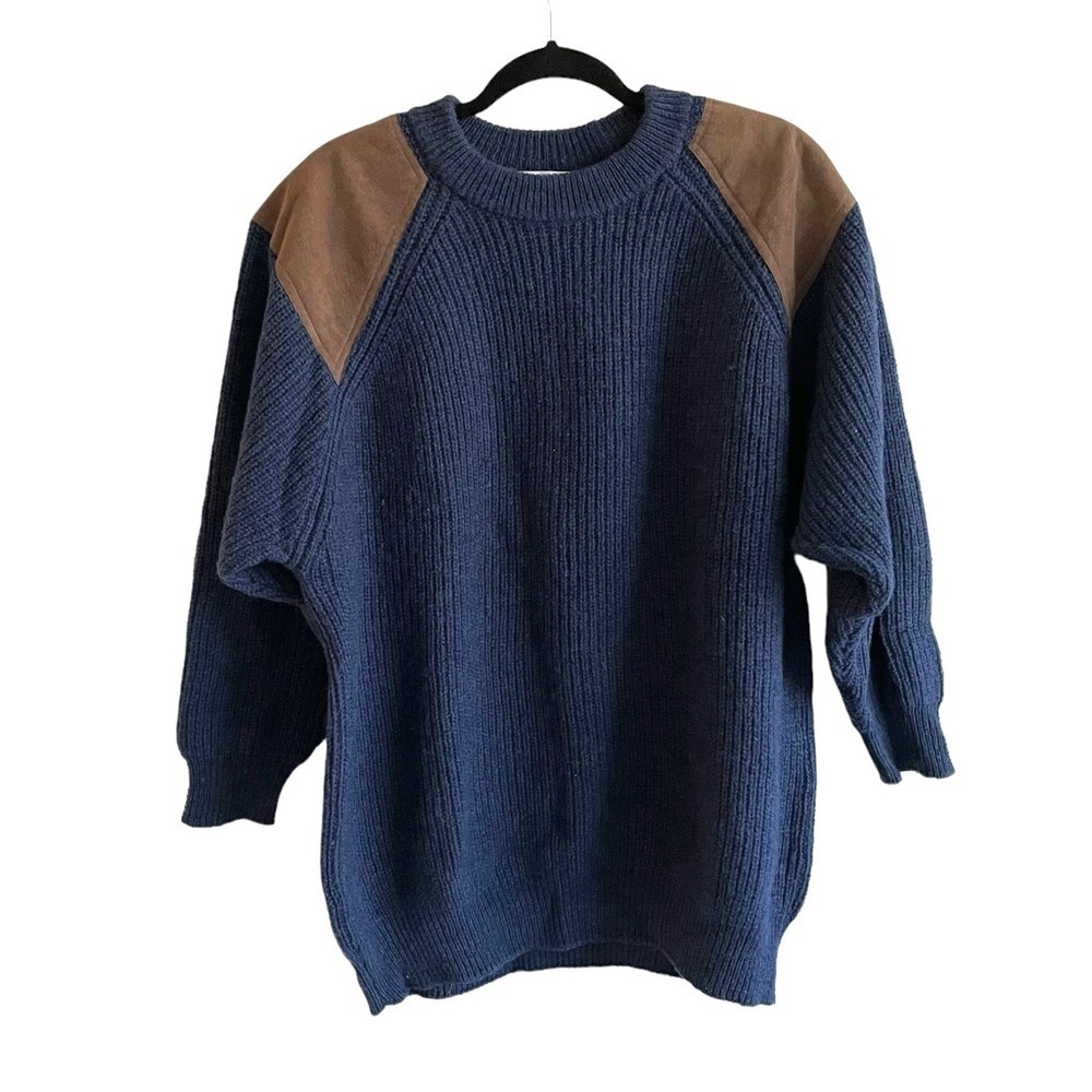 PRINGLE OF SCOTLAND Blue Wool Crew Neck Sweater Brown Suede Elbow Patches XL